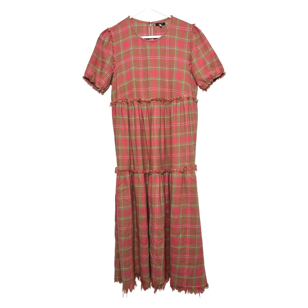 R13 Shredded Relaxed midi Dress‎ XS Red washed Plaid Japanese fabric cotton